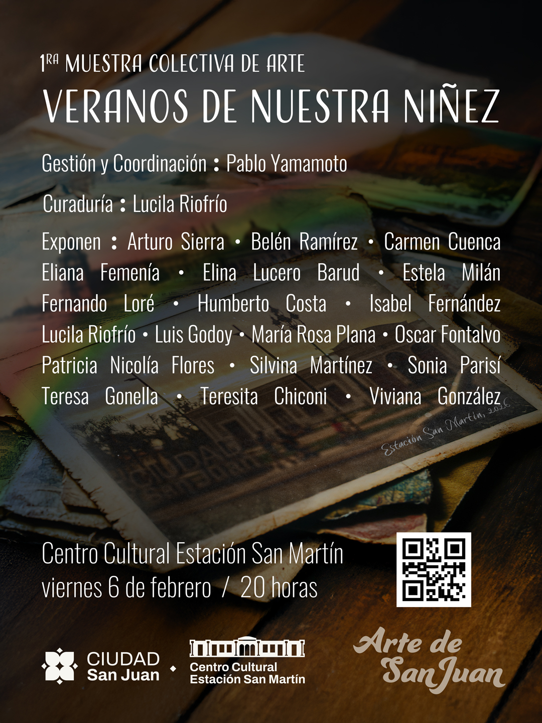 Participan los artistas Arturo Sierra, Belén Ramírez, Carmen Cuenca, Eliana Femenía, Elina Lucero Barud, Estela Milán, Fernando Loré, Humberto Costa, Isabel Fernández, Lucila Riofrío, Luis Godoy, María Rosa Plana, Oscar Fontalvo, Patricia Nicolía Flores, Silvina Martínez, Sonia Parisí, Teresa Gonella, Teresita Chiconi y Viviana González. Arte de San Juan.